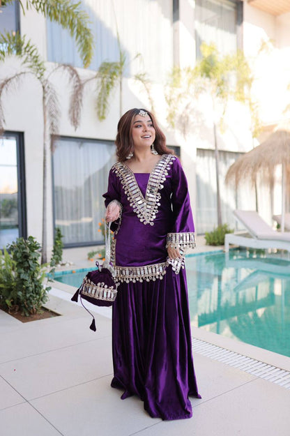 Premium Ice Velvet Top‑Palazzo‑Batwa Set – Zari Embroidery & Real Mirror Work