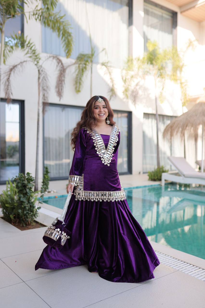 Premium Ice Velvet Top‑Palazzo‑Batwa Set – Zari Embroidery & Real Mirror Work