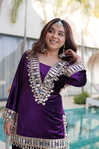 Premium Ice Velvet Top‑Palazzo‑Batwa Set – Zari Embroidery & Real Mirror Work