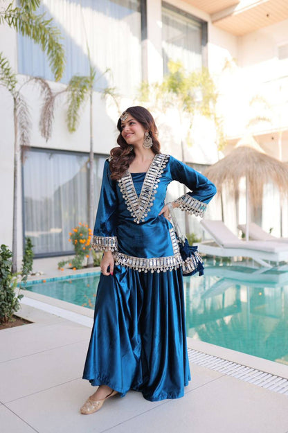 Premium Ice Velvet Top‑Palazzo‑Batwa Set – Zari Embroidery & Real Mirror Work