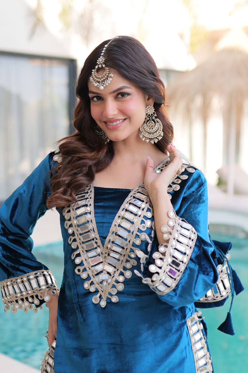 Premium Ice Velvet Top‑Palazzo‑Batwa Set – Zari Embroidery & Real Mirror Work