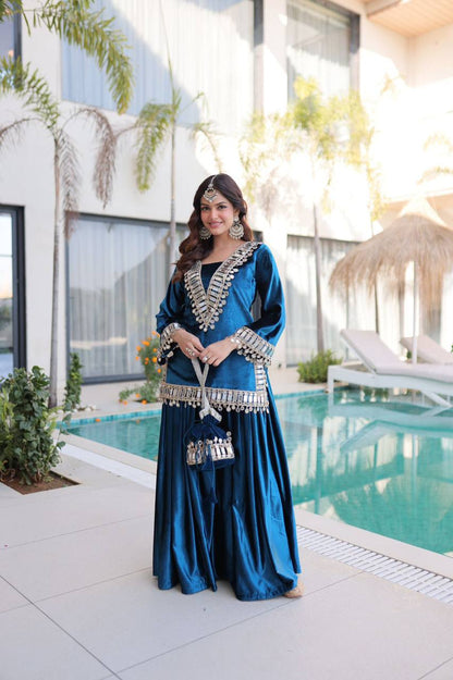 Premium Ice Velvet Top‑Palazzo‑Batwa Set – Zari Embroidery & Real Mirror Work