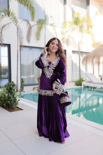 Premium Ice Velvet Top‑Palazzo‑Batwa Set – Zari Embroidery & Real Mirror Work