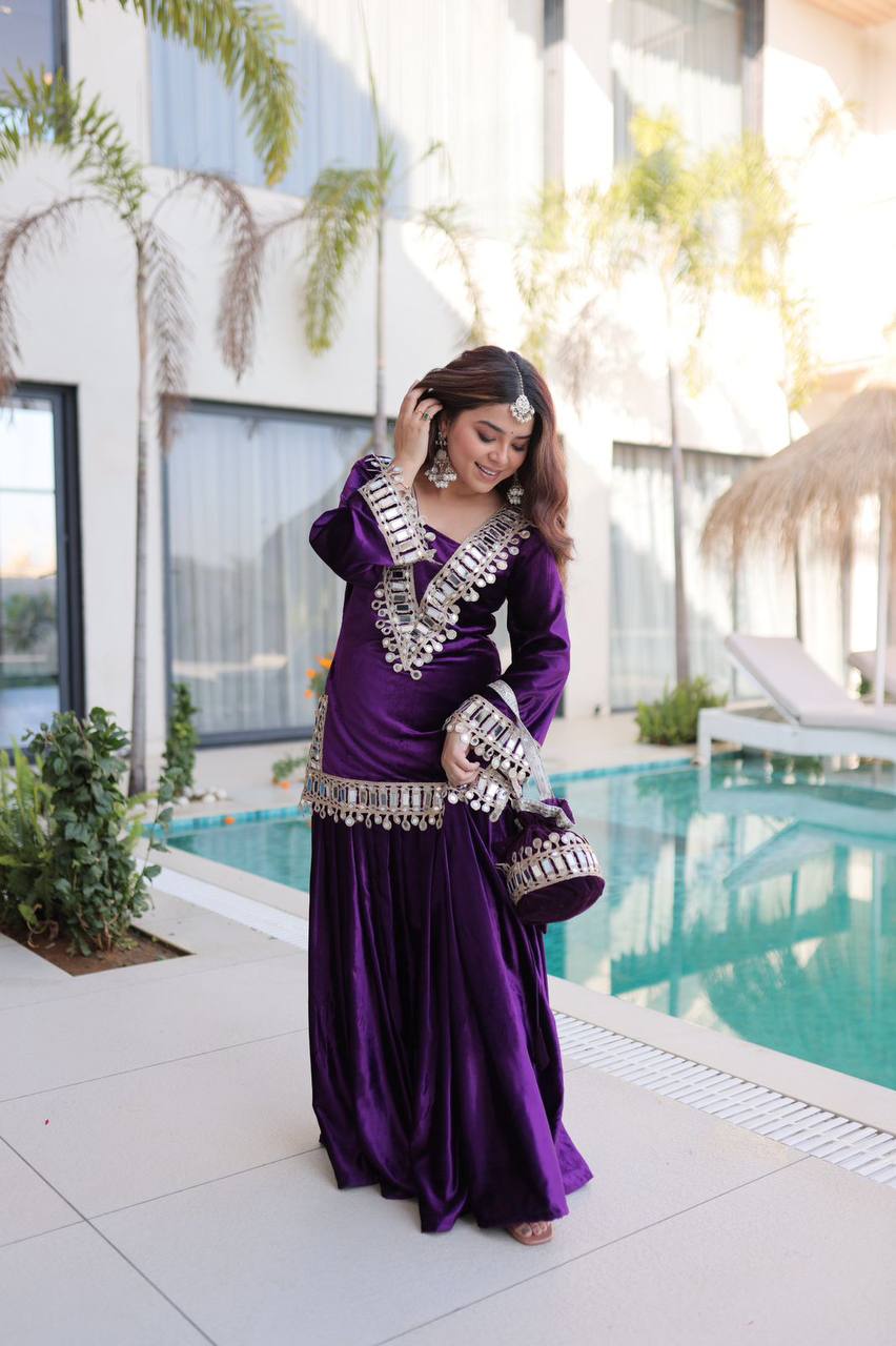 Premium Ice Velvet Top‑Palazzo‑Batwa Set – Zari Embroidery & Real Mirror Work