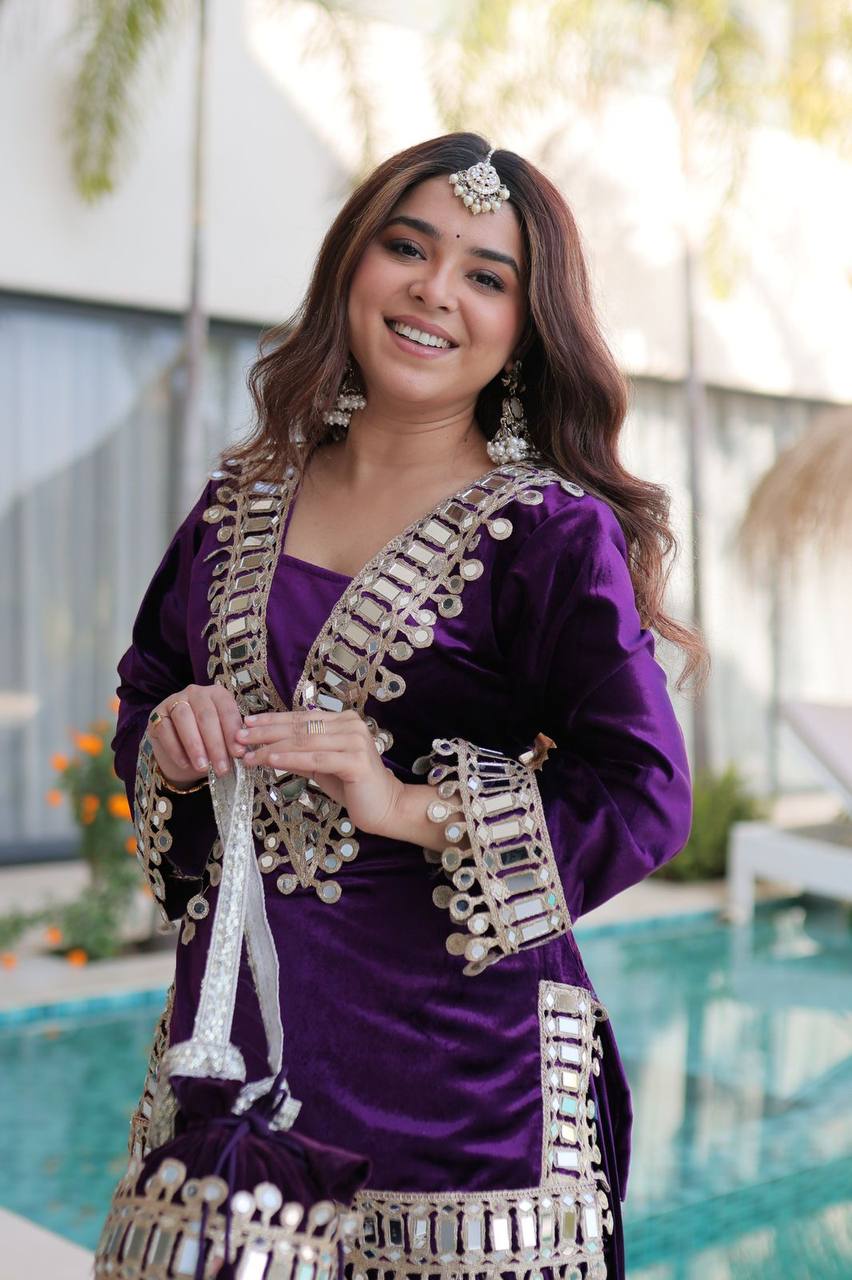 Premium Ice Velvet Top‑Palazzo‑Batwa Set – Zari Embroidery & Real Mirror Work