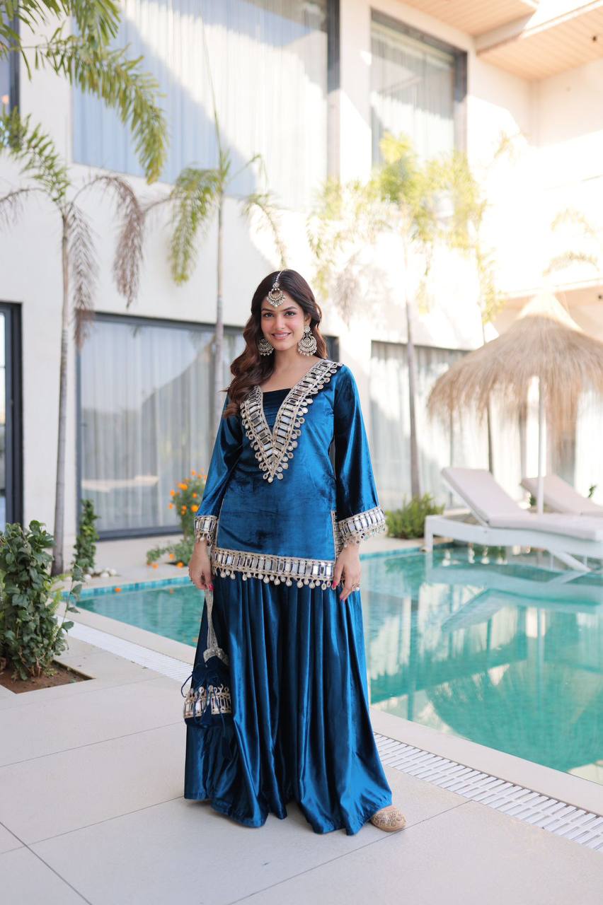 Premium Ice Velvet Top‑Palazzo‑Batwa Set – Zari Embroidery & Real Mirror Work
