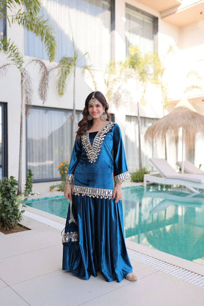 Premium Ice Velvet Top‑Palazzo‑Batwa Set – Zari Embroidery & Real Mirror Work