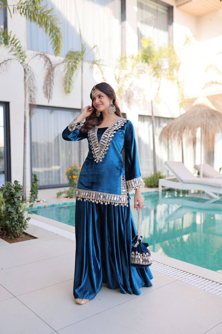 Premium Ice Velvet Top‑Palazzo‑Batwa Set – Zari Embroidery & Real Mirror Work