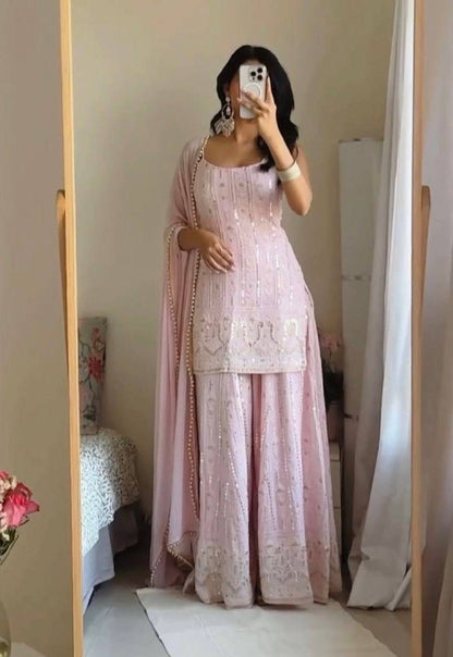Premium Faux Georgette Sharara Suit Set – Heavy Sequins Embroidery