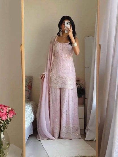 Premium Faux Georgette Sharara Suit Set – Heavy Sequins Embroidery