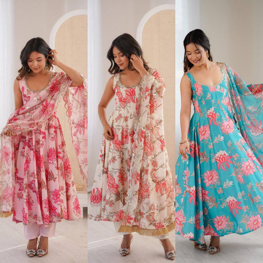 Premium Muslin Floral Print Anarkali Suit – Kali Cut with Organza Dupatta