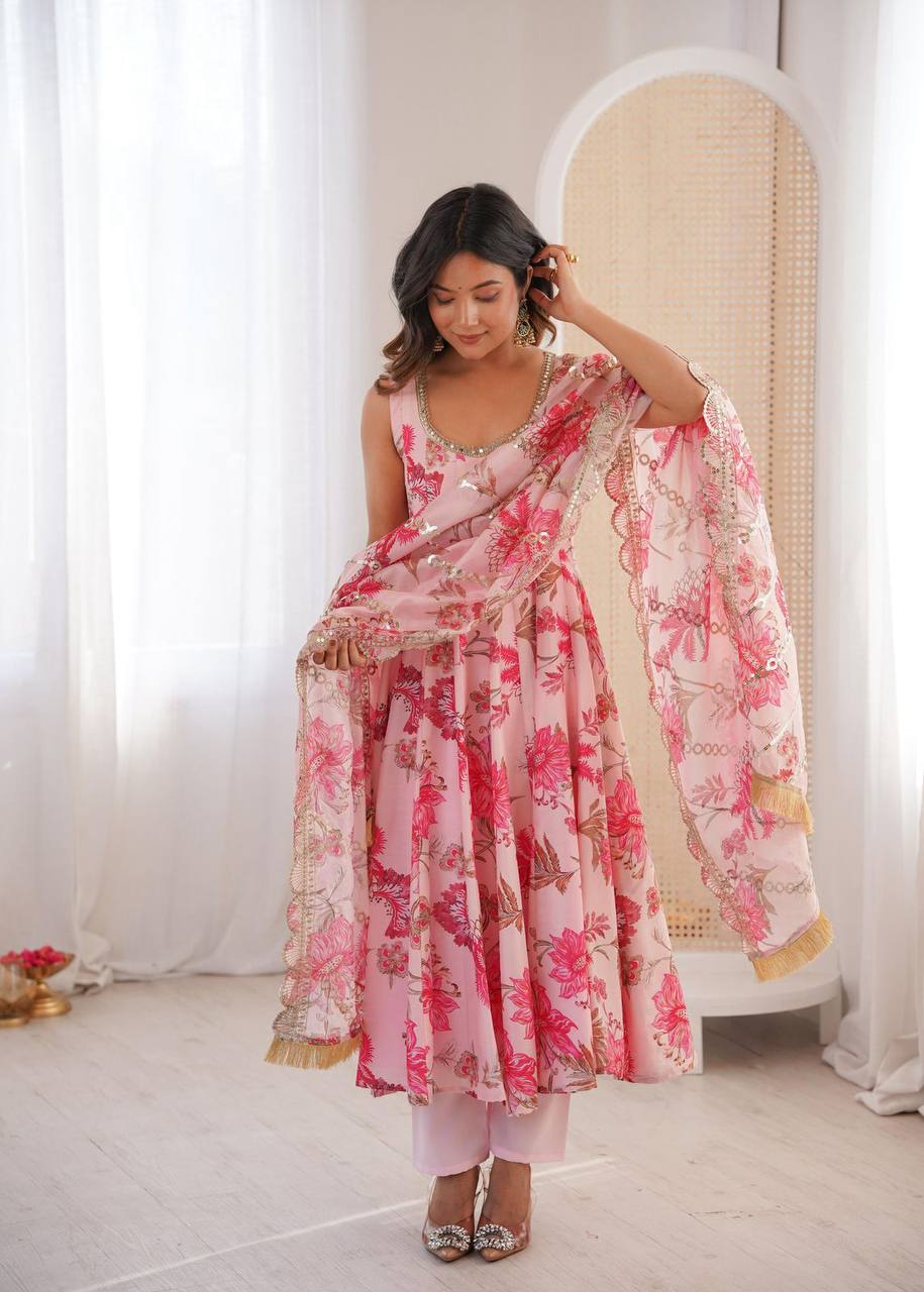 Premium Muslin Floral Print Anarkali Suit – Kali Cut with Organza Dupatta