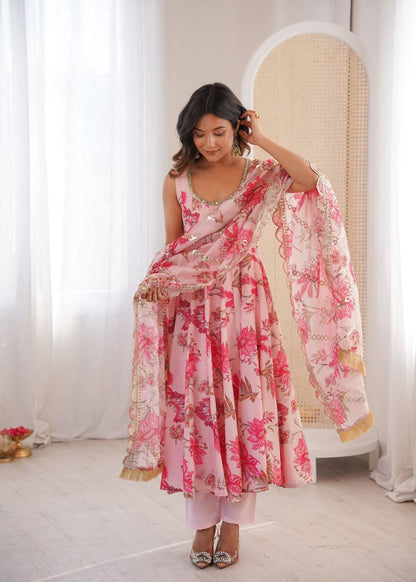 Premium Muslin Floral Print Anarkali Suit – Kali Cut with Organza Dupatta