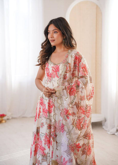 Premium Muslin Floral Print Anarkali Suit – Kali Cut with Organza Dupatta