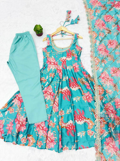 Premium Muslin Floral Print Anarkali Suit – Kali Cut with Organza Dupatta
