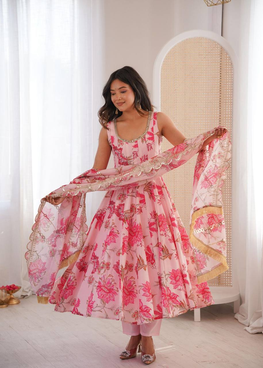 Premium Muslin Floral Print Anarkali Suit – Kali Cut with Organza Dupatta