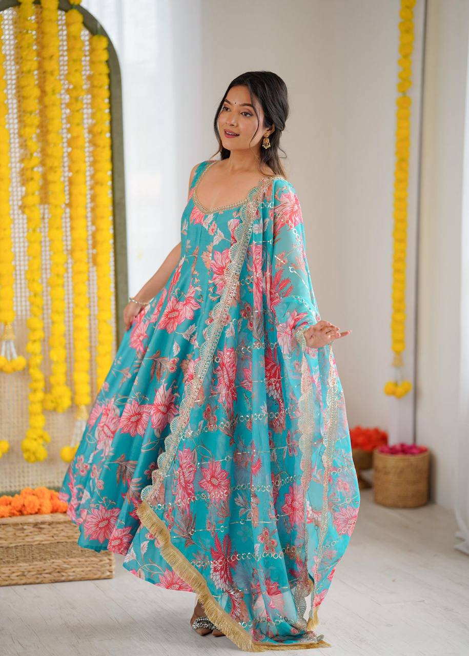 Premium Muslin Floral Print Anarkali Suit – Kali Cut with Organza Dupatta