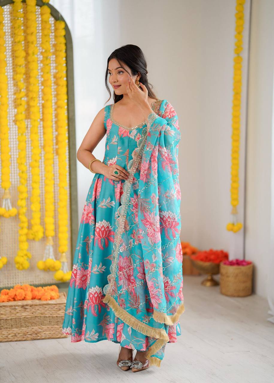 Premium Muslin Floral Print Anarkali Suit – Kali Cut with Organza Dupatta