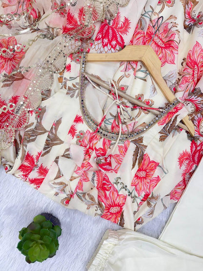 Premium Muslin Floral Print Anarkali Suit – Kali Cut with Organza Dupatta