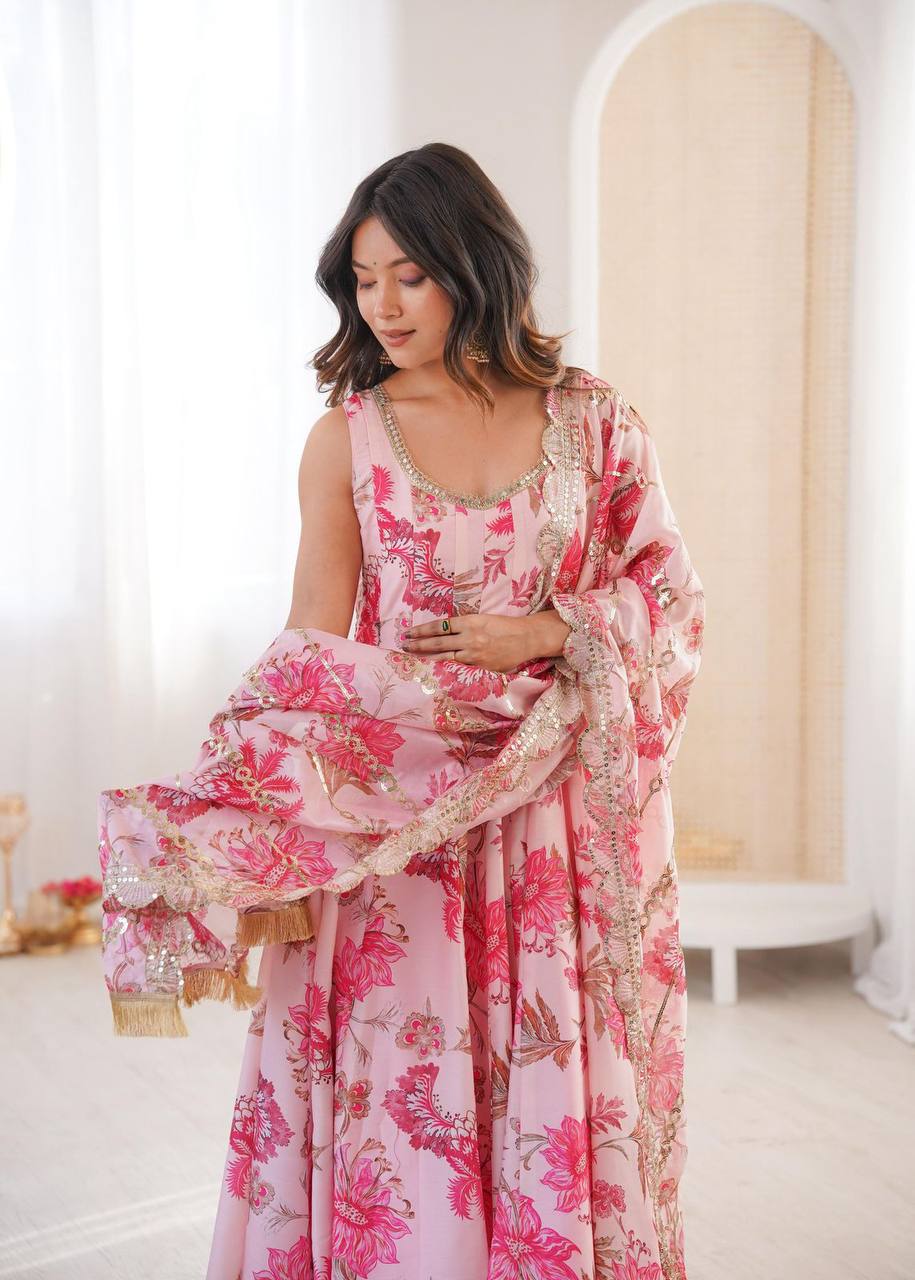Premium Muslin Floral Print Anarkali Suit – Kali Cut with Organza Dupatta