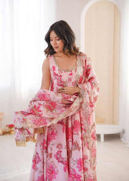 Premium Muslin Floral Print Anarkali Suit – Kali Cut with Organza Dupatta