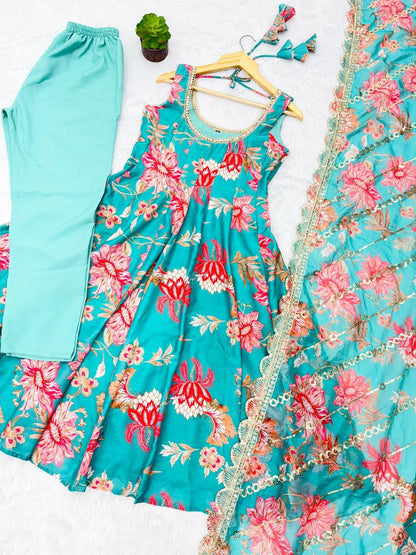 Premium Muslin Floral Print Anarkali Suit – Kali Cut with Organza Dupatta