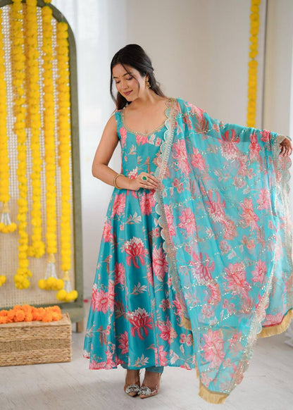 Premium Muslin Floral Print Anarkali Suit – Kali Cut with Organza Dupatta