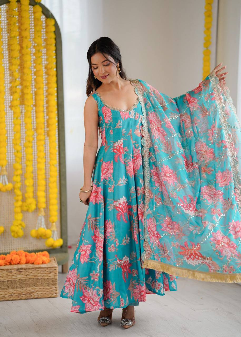 Premium Muslin Floral Print Anarkali Suit – Kali Cut with Organza Dupatta
