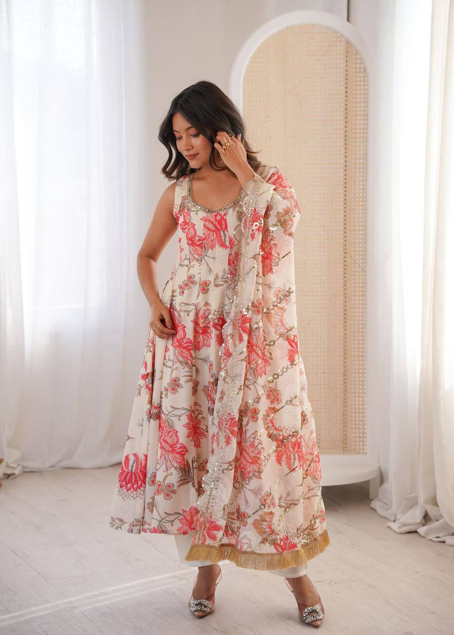 Premium Muslin Floral Print Anarkali Suit – Kali Cut with Organza Dupatta