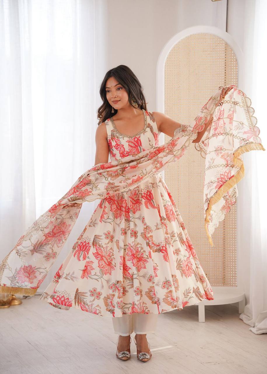 Premium Muslin Floral Print Anarkali Suit – Kali Cut with Organza Dupatta
