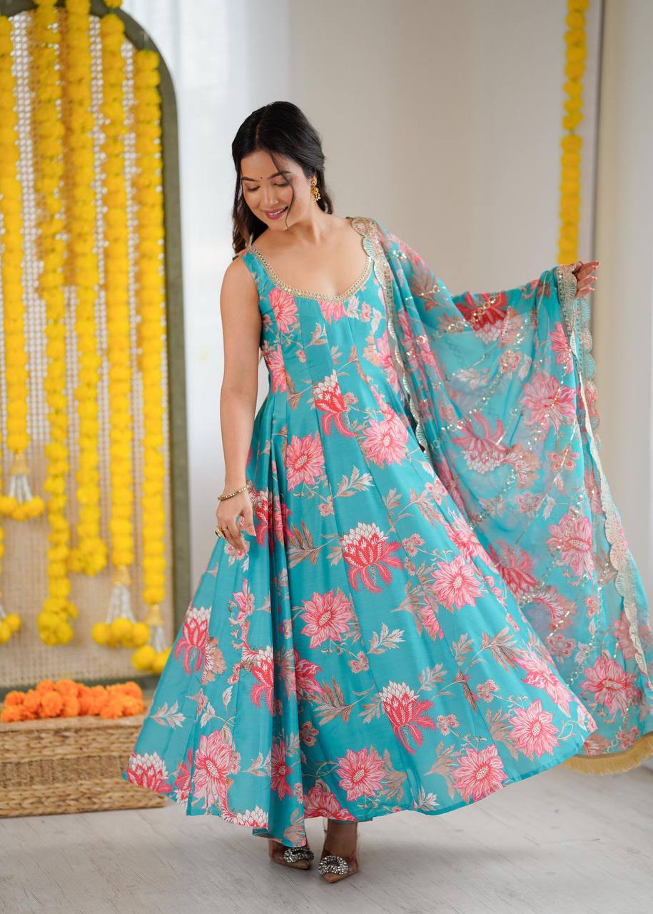 Premium Muslin Floral Print Anarkali Suit – Kali Cut with Organza Dupatta