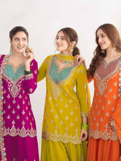 Premium Chinon Silk Sharara Suit‑Dupatta Set – Sequins Embroidery
