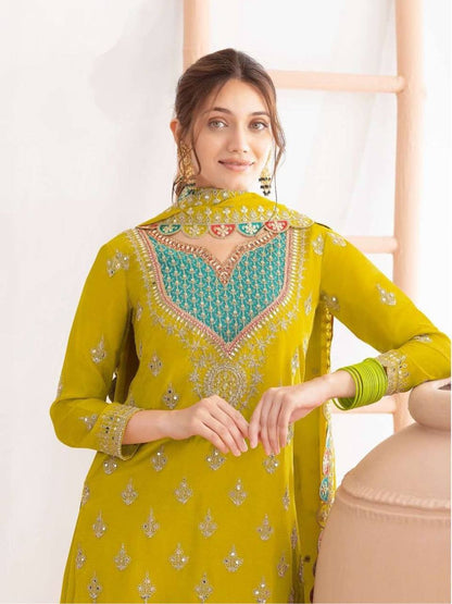 Premium Chinon Silk Sharara Suit‑Dupatta Set – Sequins Embroidery