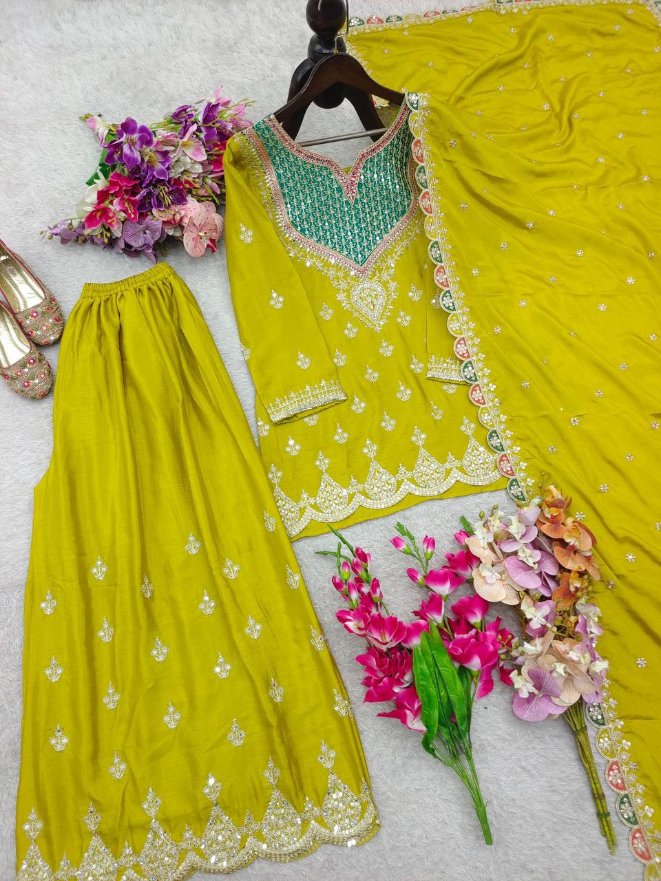 Premium Chinon Silk Sharara Suit‑Dupatta Set – Sequins Embroidery