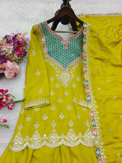 Premium Chinon Silk Sharara Suit‑Dupatta Set – Sequins Embroidery
