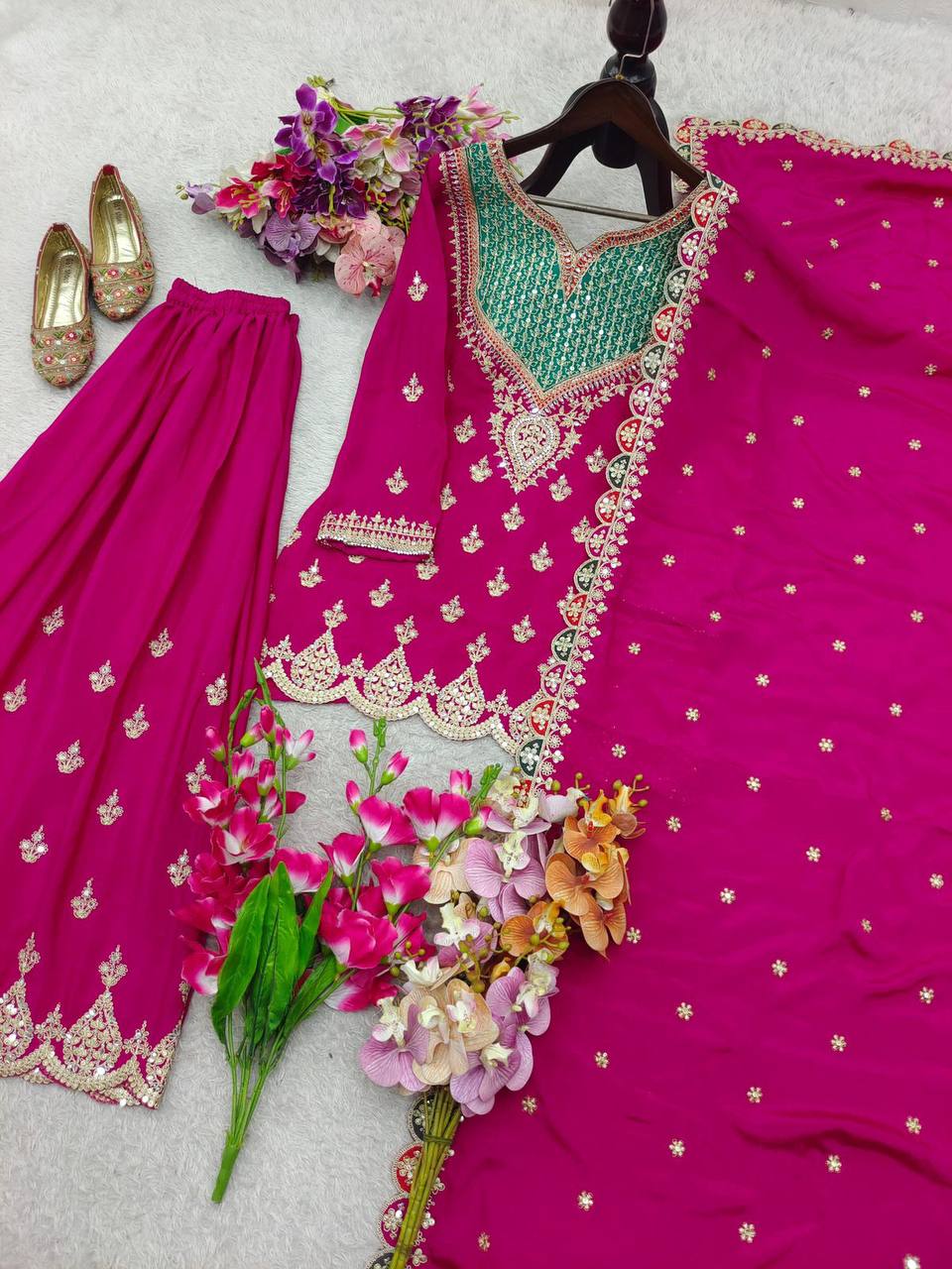 Premium Chinon Silk Sharara Suit‑Dupatta Set – Sequins Embroidery