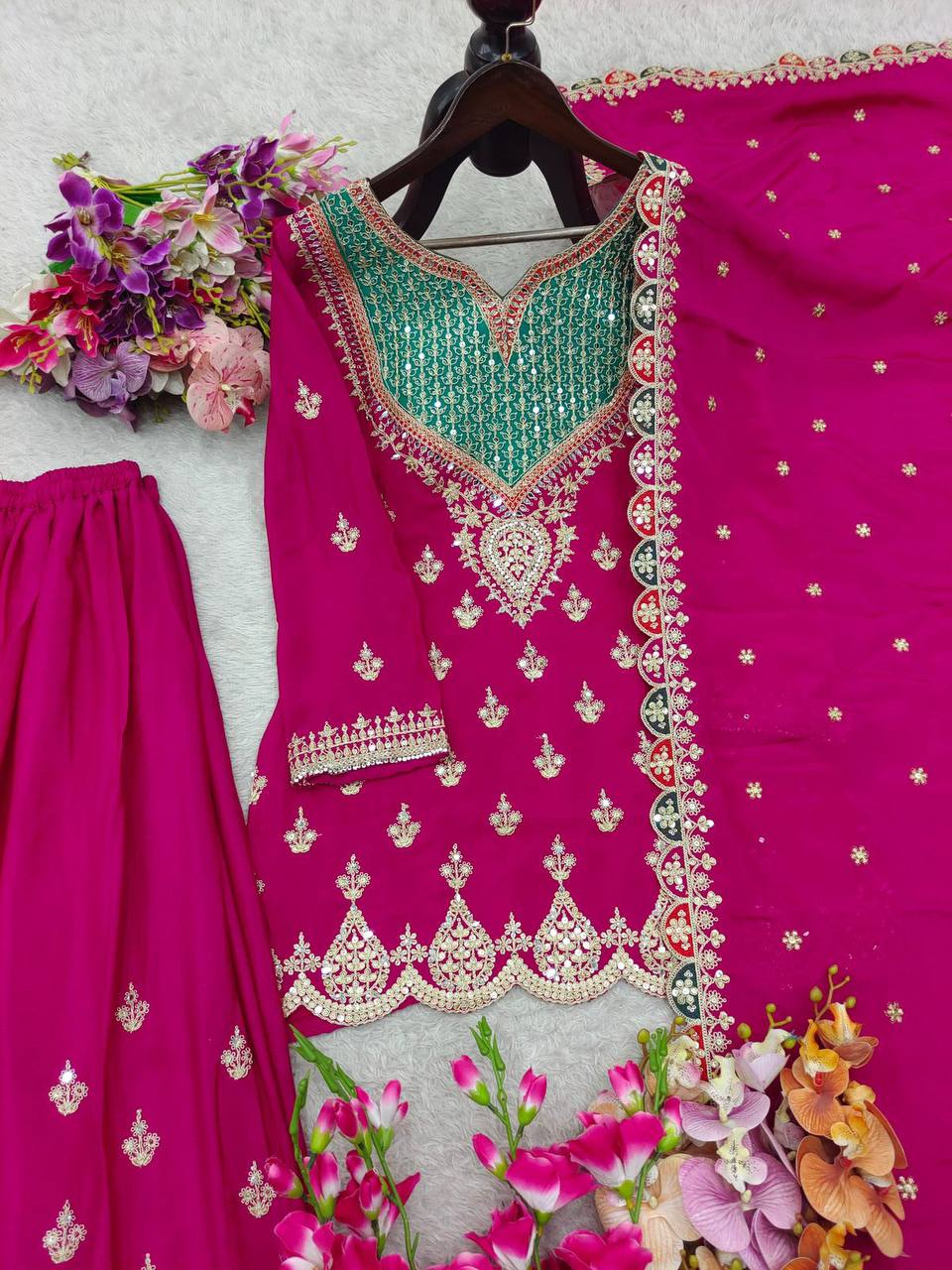 Premium Chinon Silk Sharara Suit‑Dupatta Set – Sequins Embroidery
