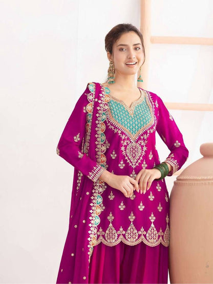 Premium Chinon Silk Sharara Suit‑Dupatta Set – Sequins Embroidery
