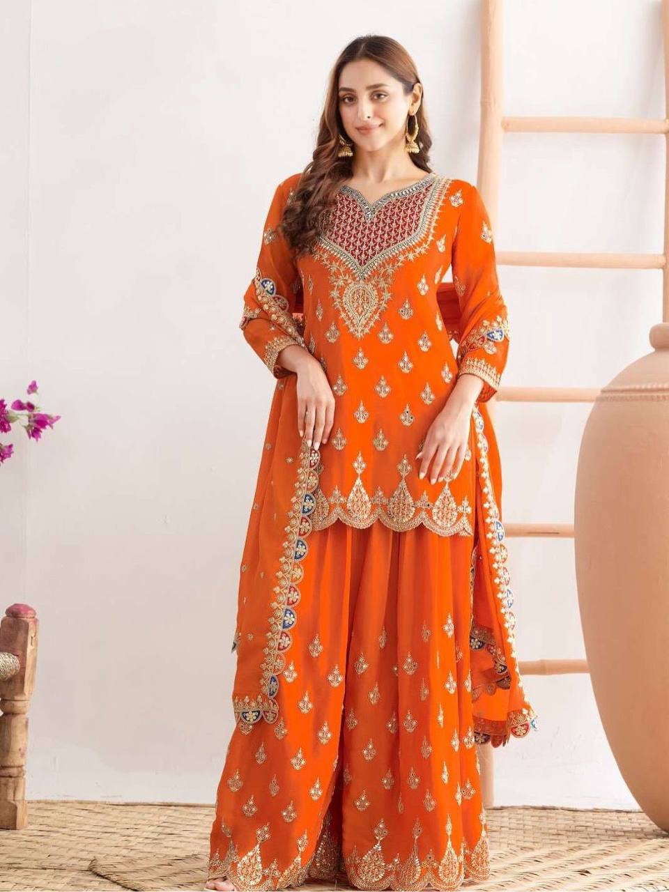 Premium Chinon Silk Sharara Suit‑Dupatta Set – Sequins Embroidery