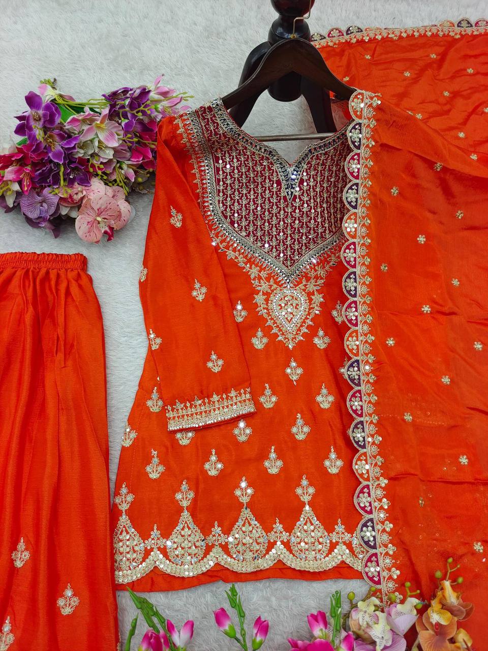 Premium Chinon Silk Sharara Suit‑Dupatta Set – Sequins Embroidery