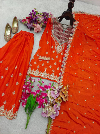 Premium Chinon Silk Sharara Suit‑Dupatta Set – Sequins Embroidery