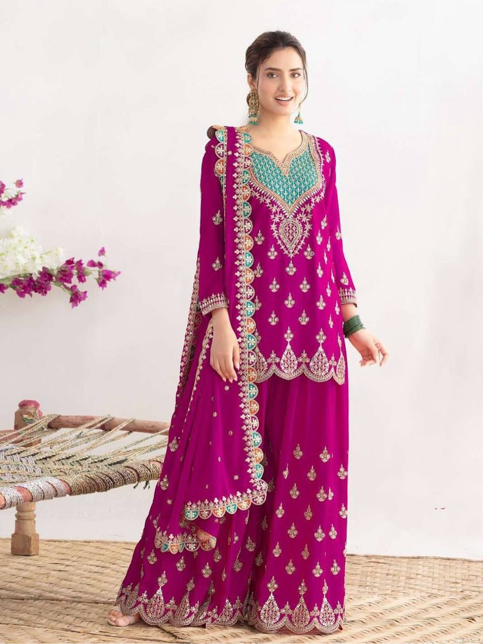 Premium Chinon Silk Sharara Suit‑Dupatta Set – Sequins Embroidery