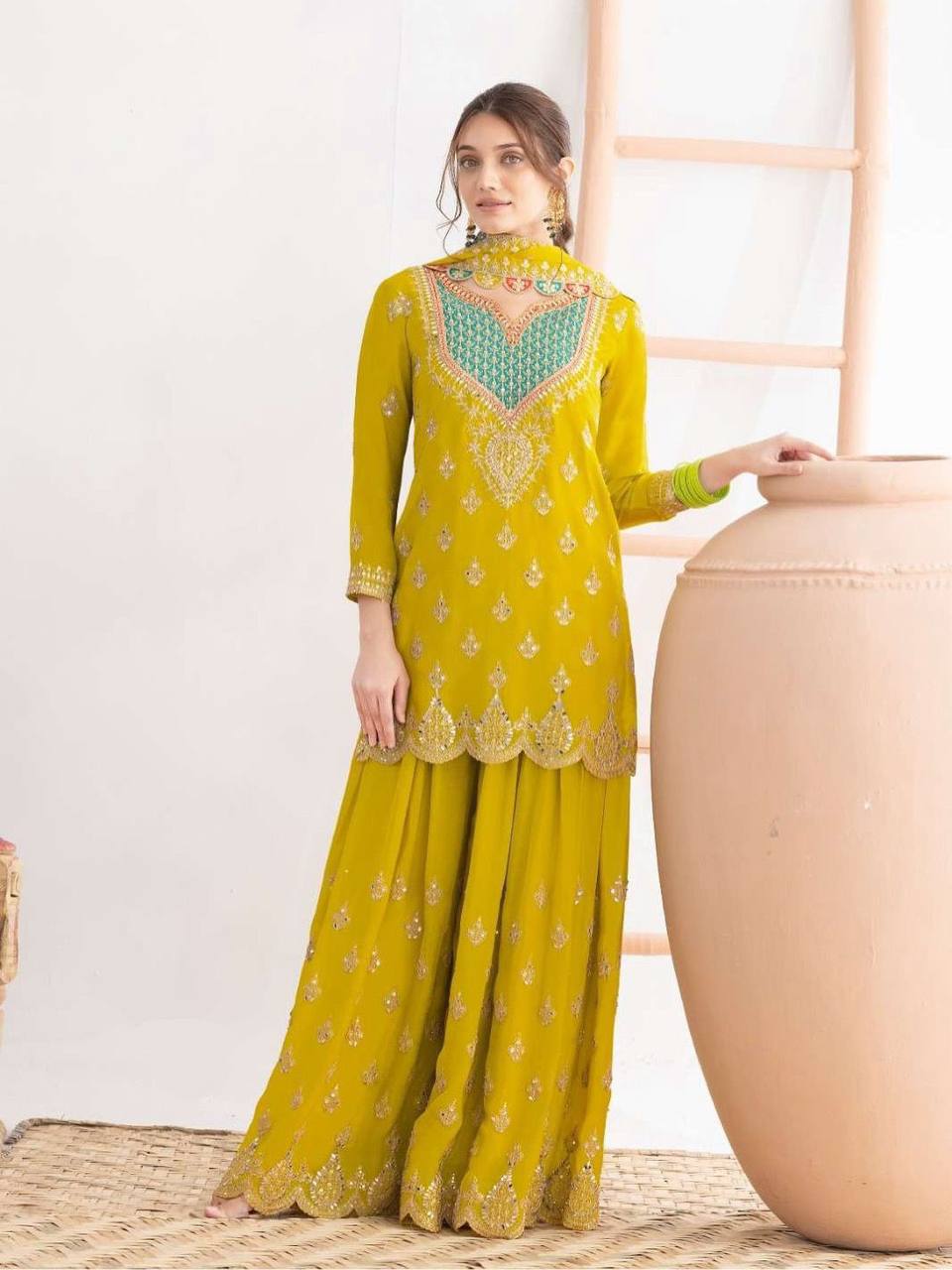 Premium Chinon Silk Sharara Suit‑Dupatta Set – Sequins Embroidery