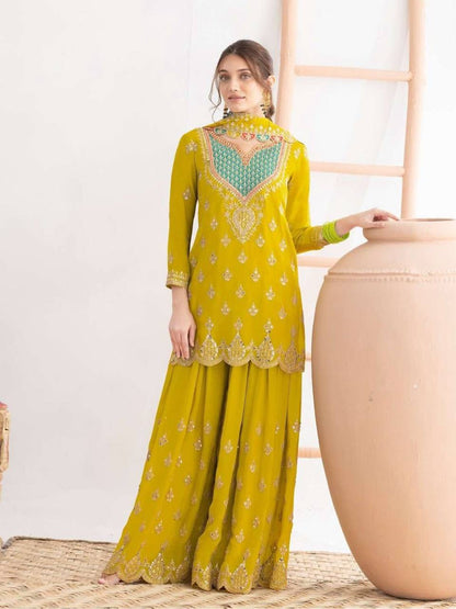 Premium Chinon Silk Sharara Suit‑Dupatta Set – Sequins Embroidery