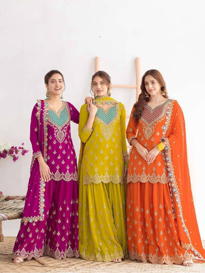 Premium Chinon Silk Sharara Suit‑Dupatta Set – Sequins Embroidery