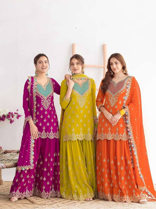 Premium Chinon Silk Sharara Suit‑Dupatta Set – Sequins Embroidery