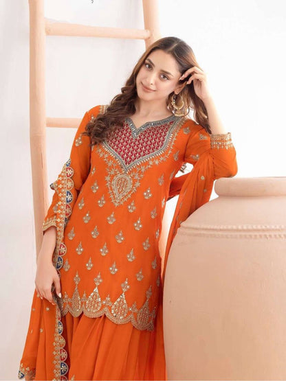 Premium Chinon Silk Sharara Suit‑Dupatta Set – Sequins Embroidery