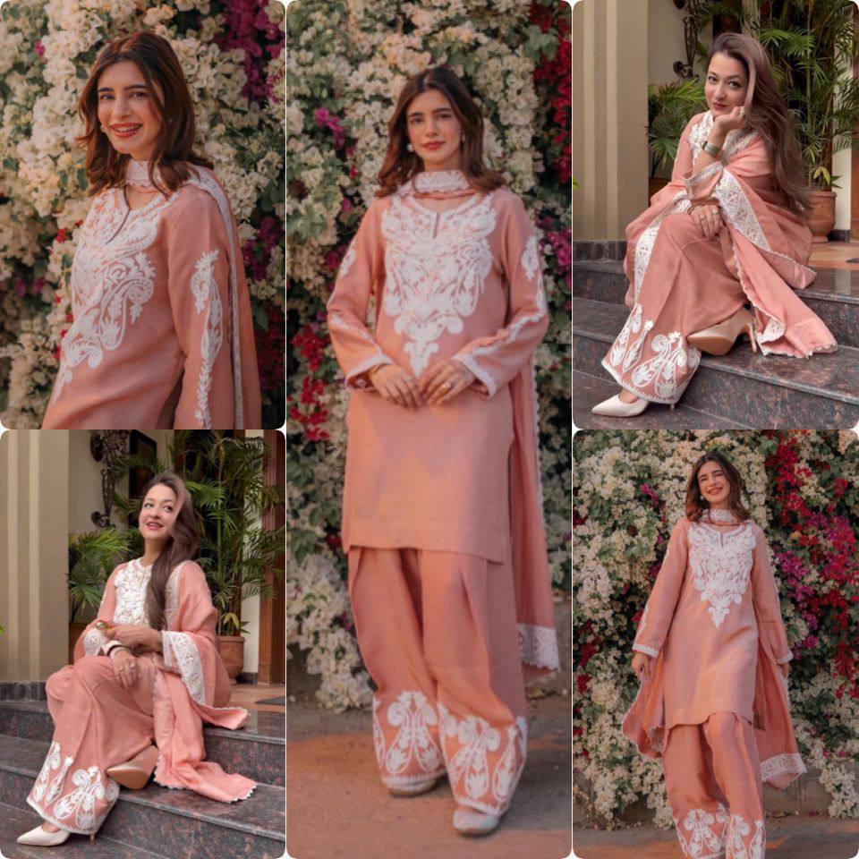 Premium Dull Satin Silk Top‑Plazzo‑Dupatta Set – Embroidery Work with Lace Border