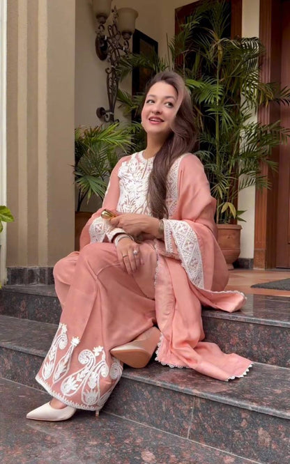 Premium Dull Satin Silk Top‑Plazzo‑Dupatta Set – Embroidery Work with Lace Border