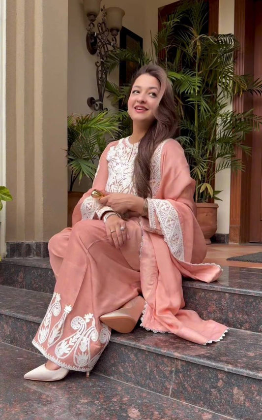 Premium Dull Satin Silk Top‑Plazzo‑Dupatta Set – Embroidery Work with Lace Border